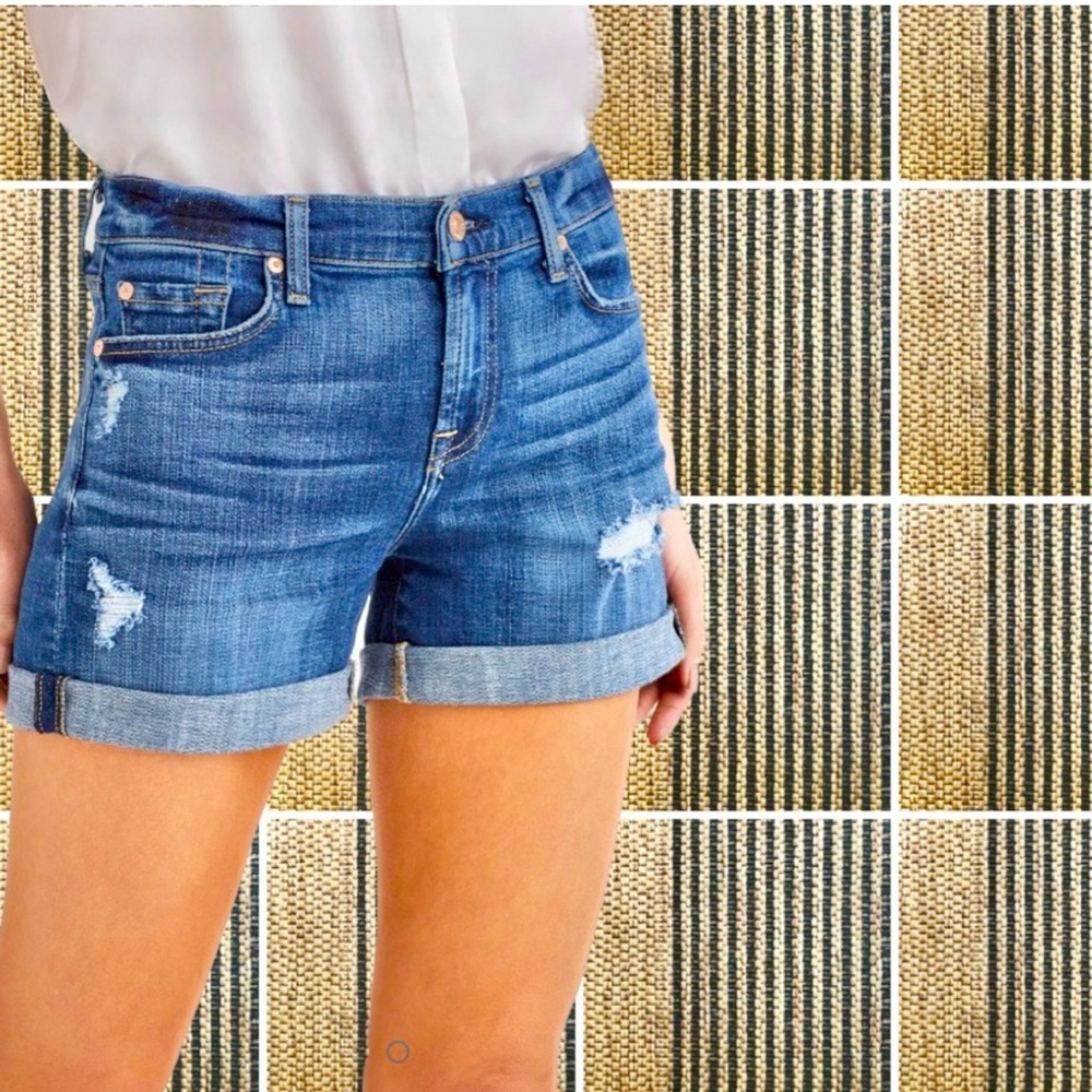 7 FOR ALL MANKIND Medium Wash Distressed Cuffed Relax Fit Denim Shorts